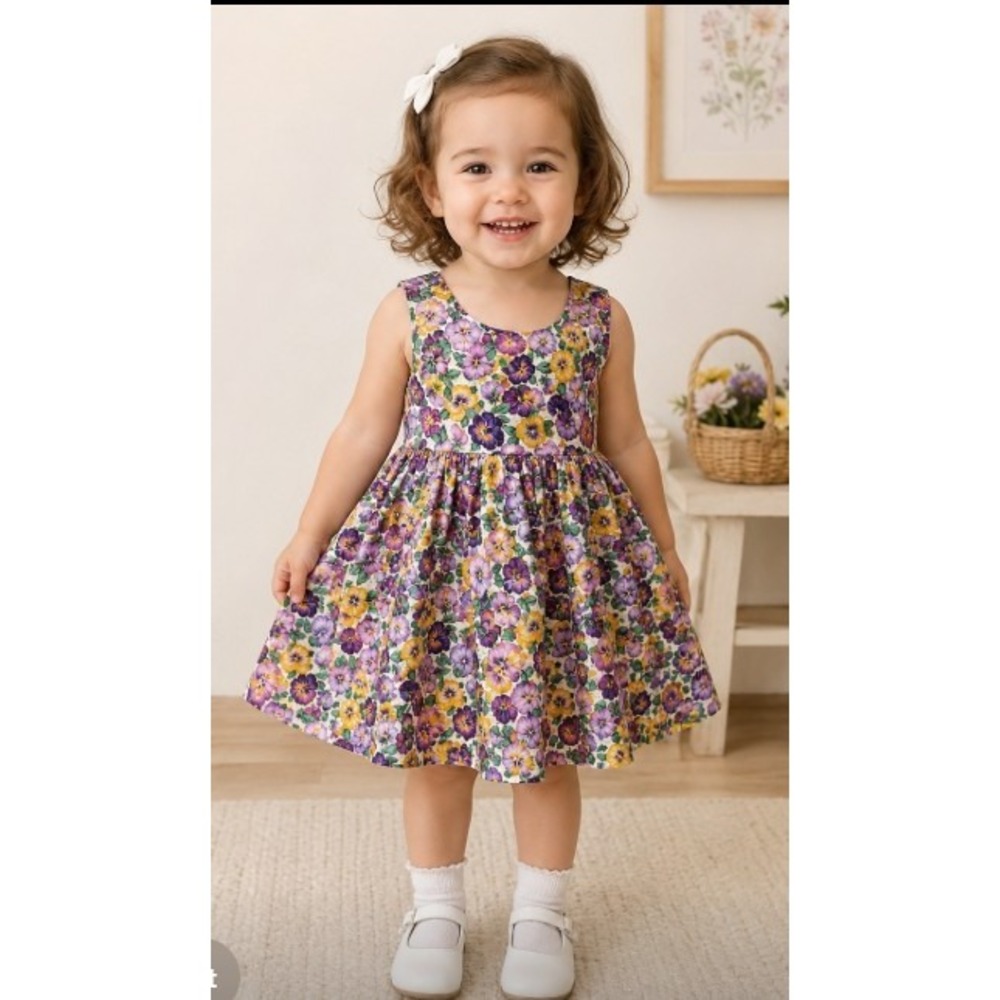 Vintage Bobbie Jean Creations Girls Dress Size 2 Floral Pansy USA Made Cotton
